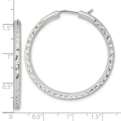 Sterling Silver Laser and Diamond-cut 40x3.25mm Hidden Catch Round Hoop Earrings