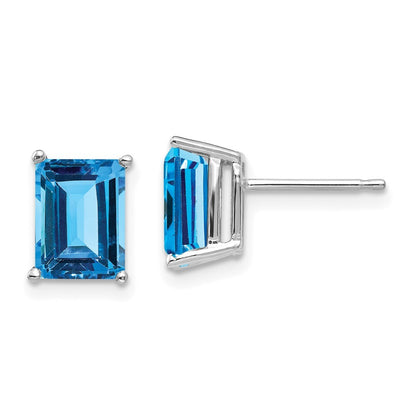 14k White Gold 8x6mm Emerald Cut Blue Topaz Stud Earrings Gift for Women