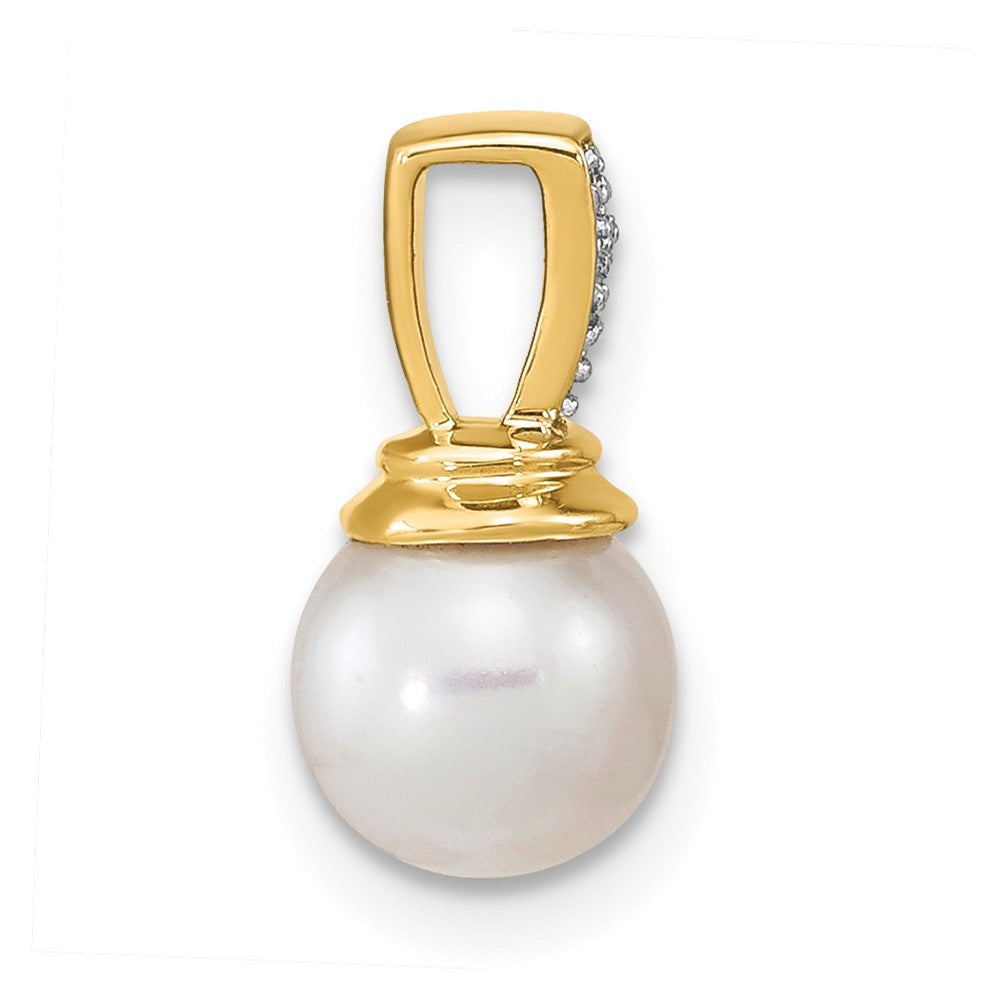 14k Yellow Gold 6-7mm Button White Freshwater Cultured Pearl and Diamond Pendant
