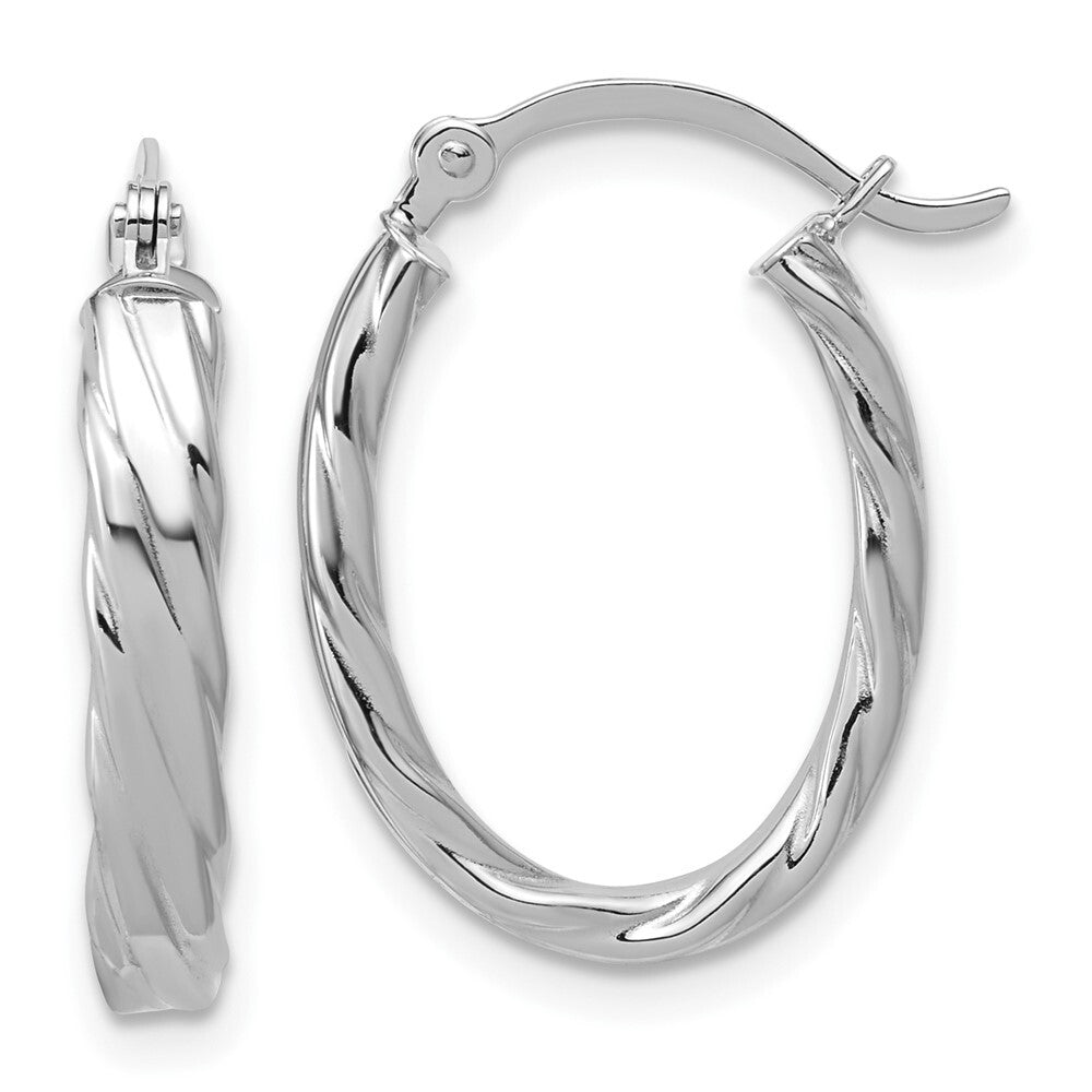 14K White Gold 3mm Patterned Oval Hoop Earrings Gift for Women