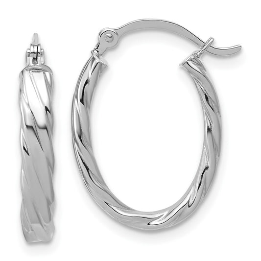 14K White Gold 3mm Patterned Oval Hoop Earrings Gift for Women
