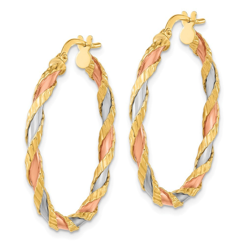 14k Yellow Gold with Rose and White Rhodium Textured Twisted Hoop Earrings
