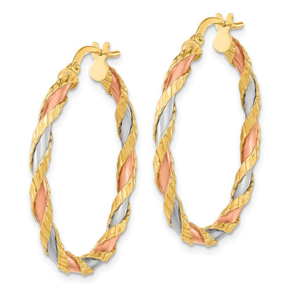 14k Yellow Gold with Rose and White Rhodium Textured Twisted Hoop Earrings