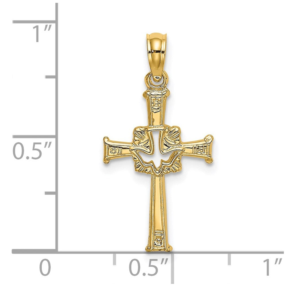 14k Yellow Gold Polished and Engraved Cross and Dove Charm