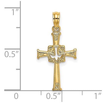 14k Yellow Gold Polished and Engraved Cross and Dove Charm