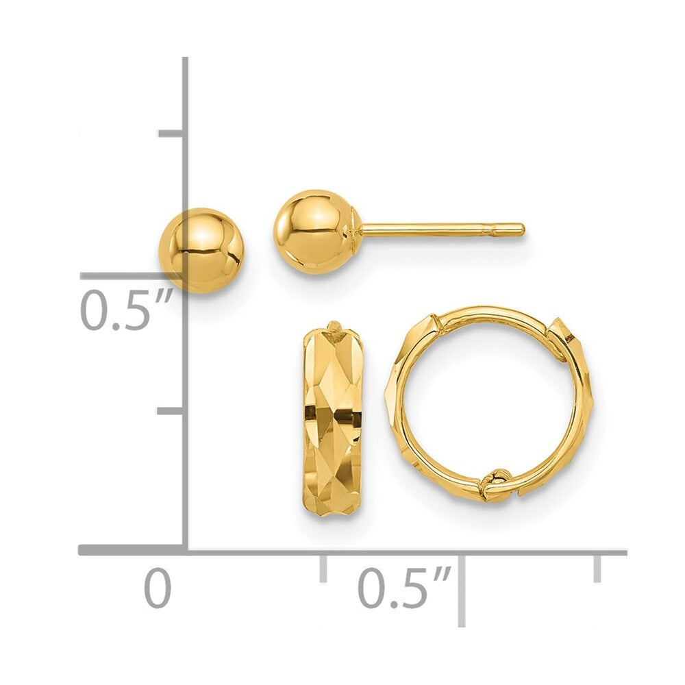 14k Yellow Gold Polished 4mm Ball and Diamond Cut Hoop Set Gift for Women