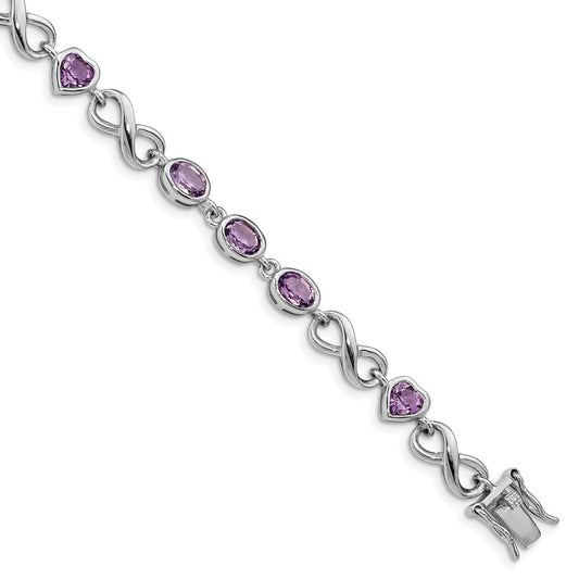 Sterling Silver Rhodium-plated Oval Heart Amethyst Bracelet