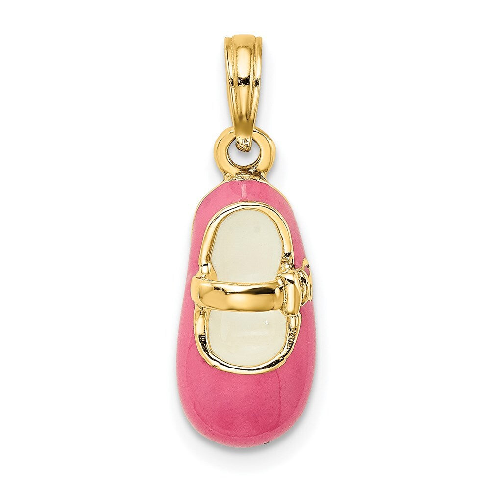 14k Yellow Gold 3-D  Pink Enamel Baby Shoe Charm Pendant for Women