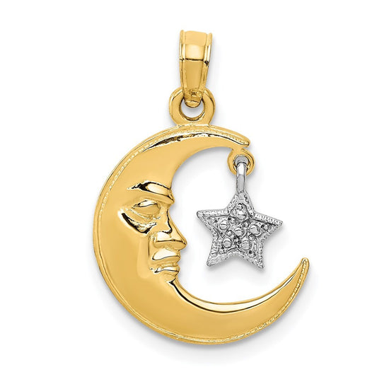 14k Two-tone Gold Polished Half Moon and Star Pendant for Women