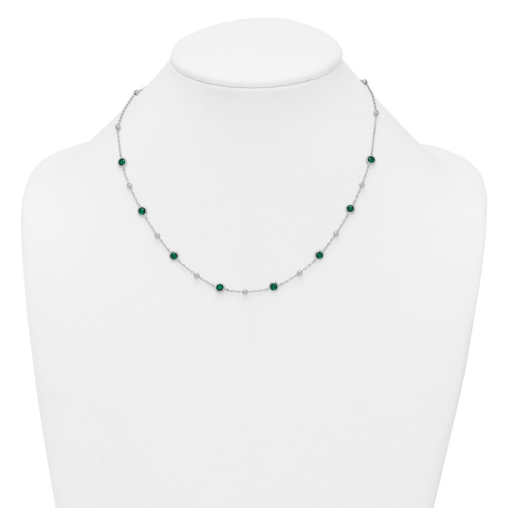 Sterling Silver &Beaded Bezel-set Round Green CZ 16" with 2" Extension Necklace