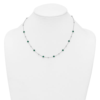 Sterling Silver &Beaded Bezel-set Round Green CZ 16" with 2" Extension Necklace