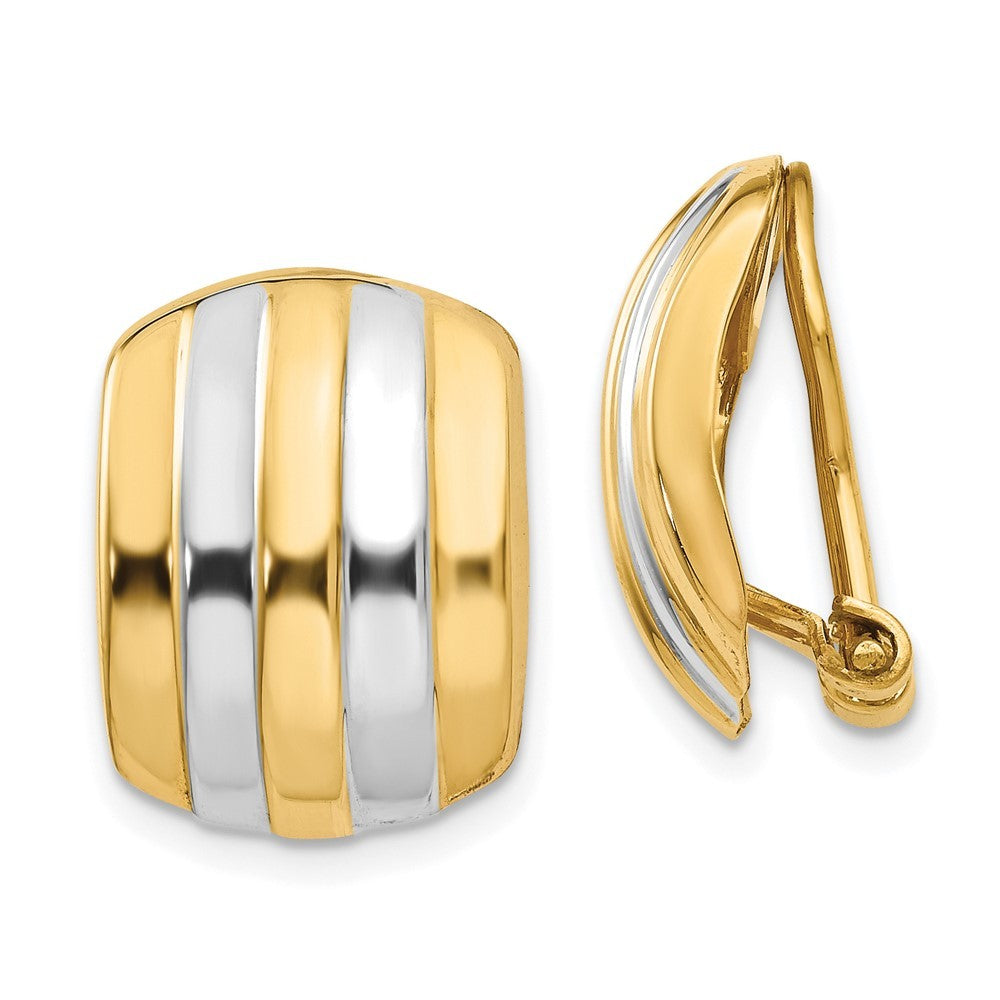 14k Yellow Gold & Rhodium Ribbed Non-pierced Omega Back Earrings