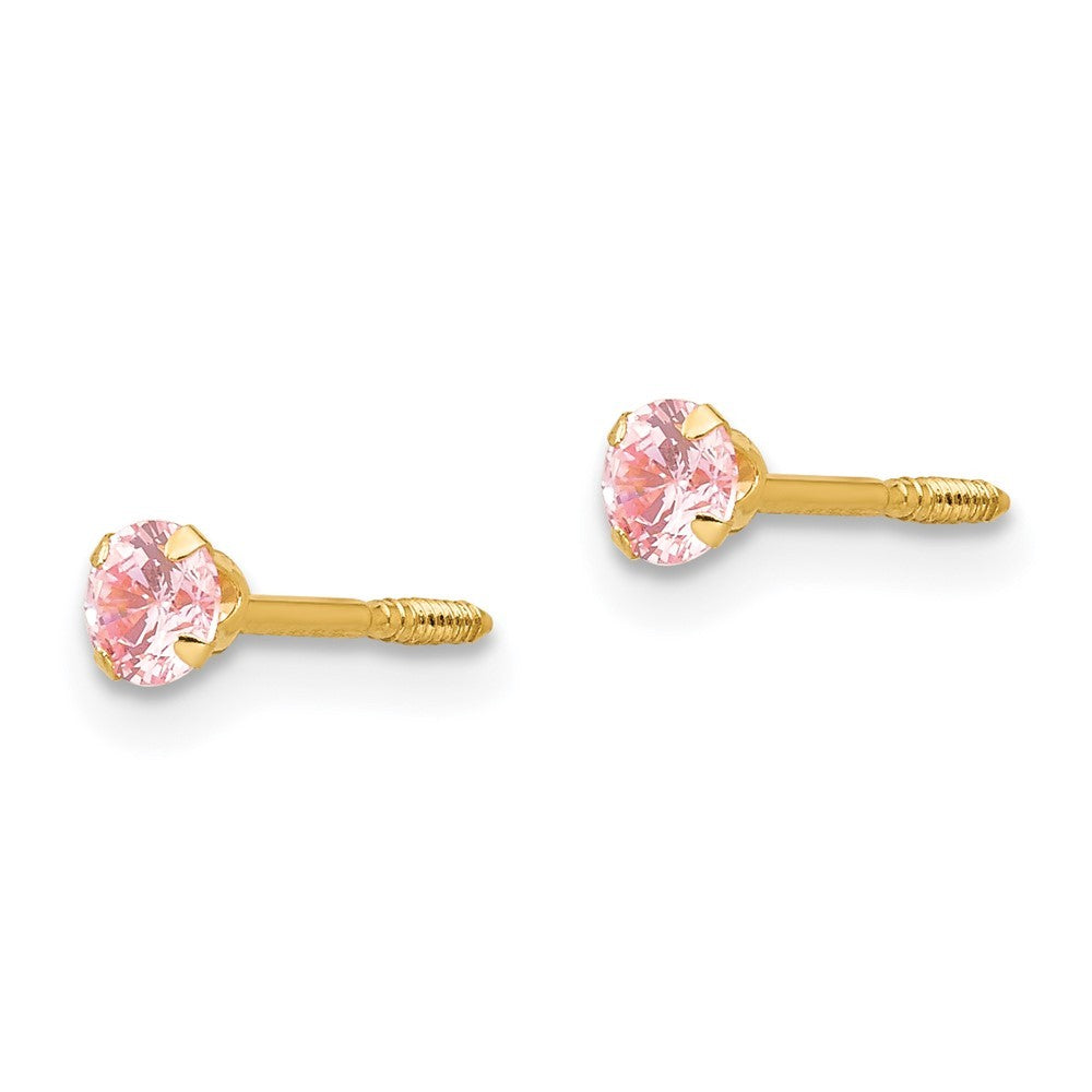 14k Yellow Gold 3mm Pink CZ Earrings