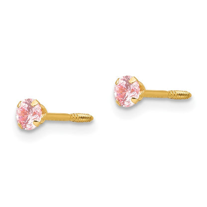 14k Yellow Gold 3mm Pink CZ Earrings
