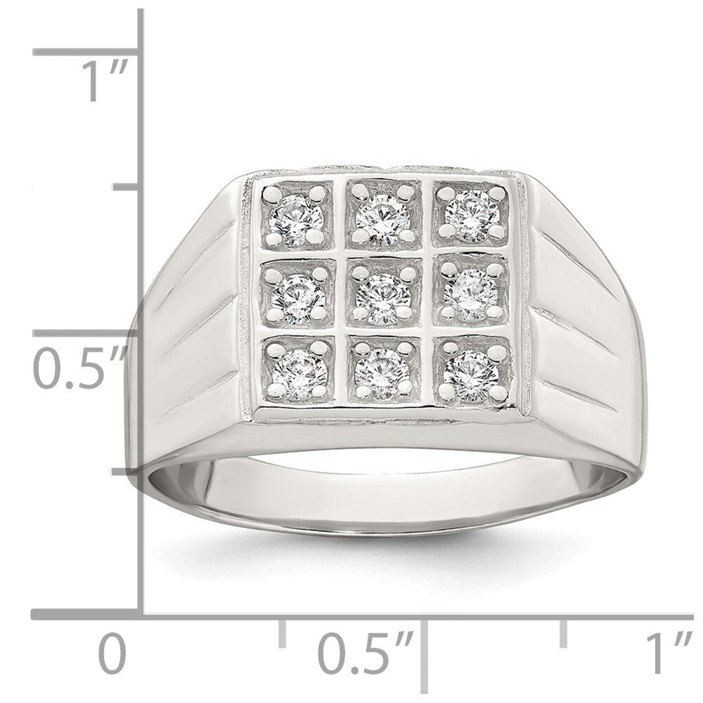 Sterling Silver Polished and Grooved CZ Square Men's Ring Size 11