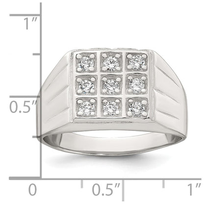 Sterling Silver Polished and Grooved CZ Square Men's Ring Size 11