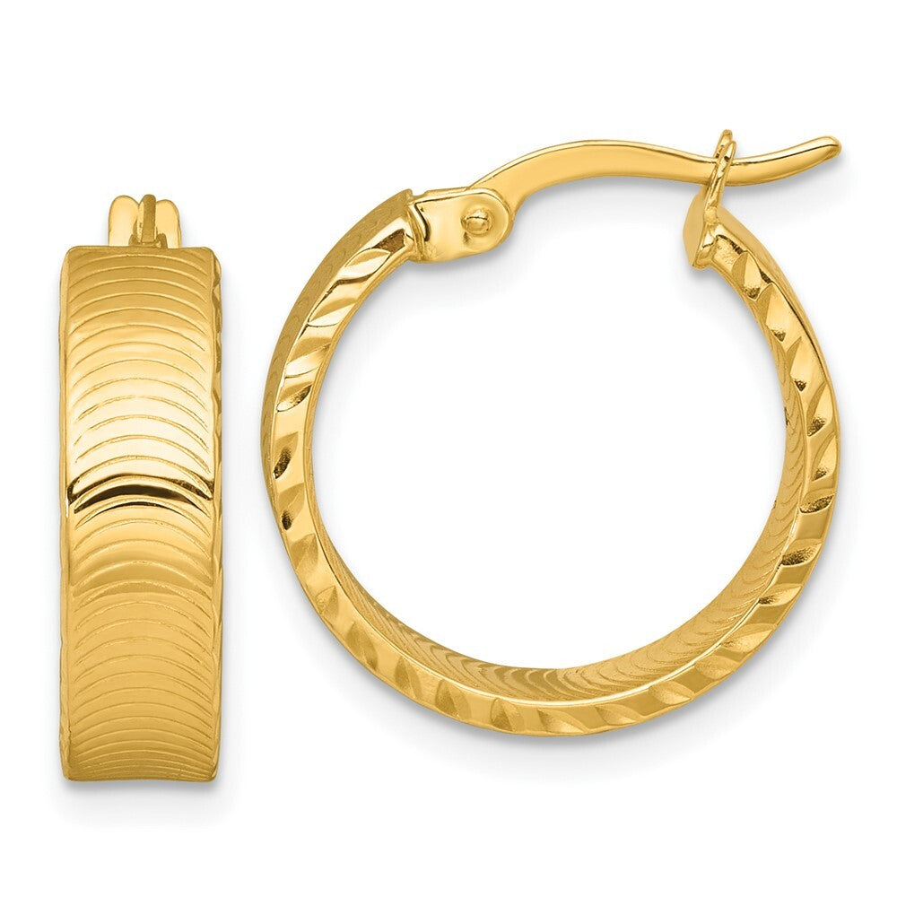 14k Yellow Gold Polished 5.0 x 18mm Diamond-Cut Textured Tube Hoop Earrings