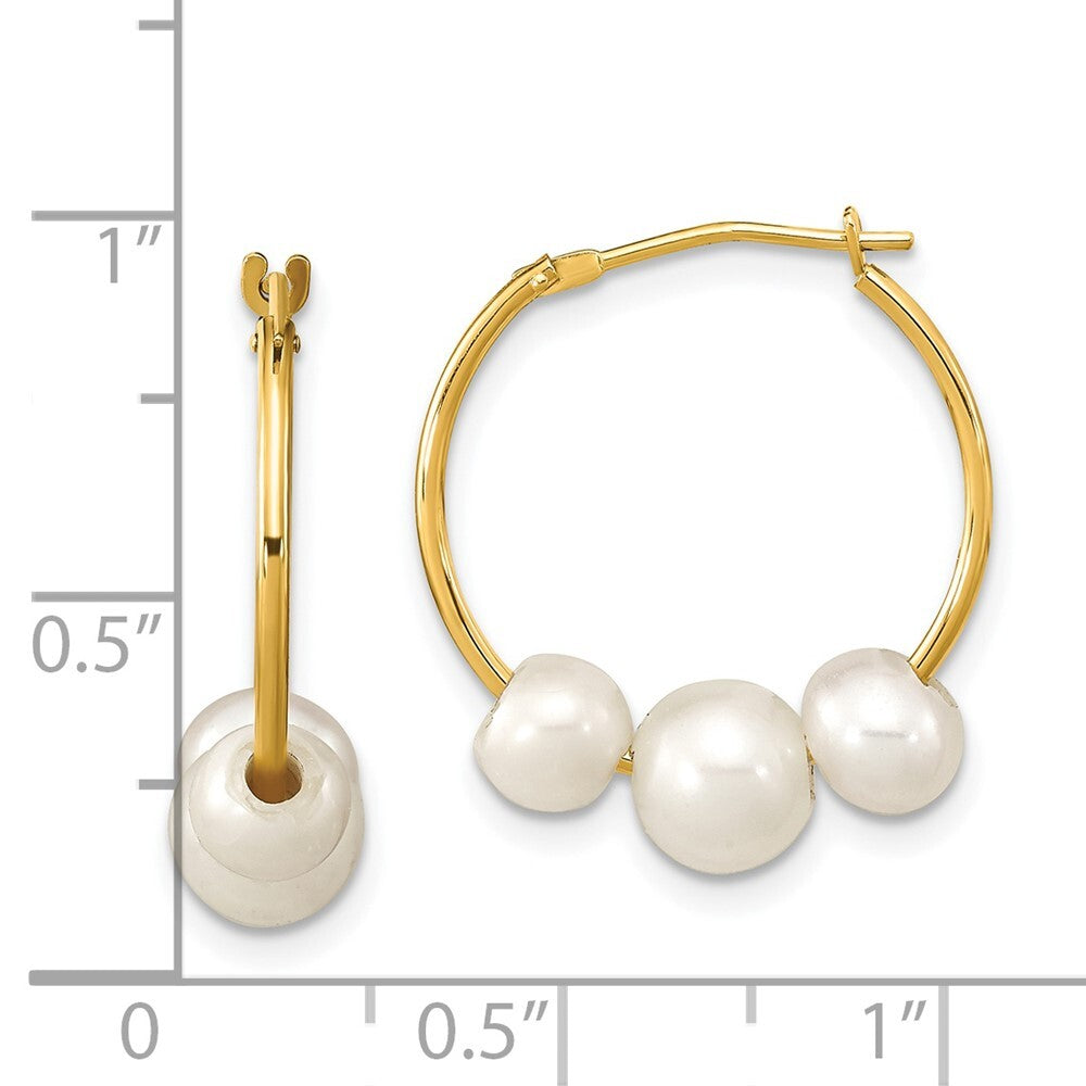 14k Yellow Gold 5-7mm White Round Freshwater Cultured 3-Pearl Hoop Earrings