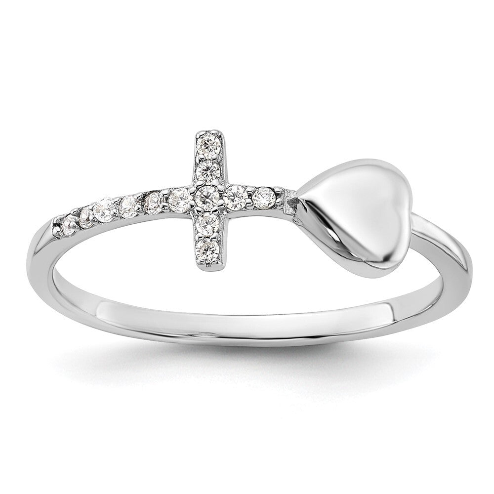 Sterling Silver Rhodium-plated Heart and CZ Cross Ring Size 8