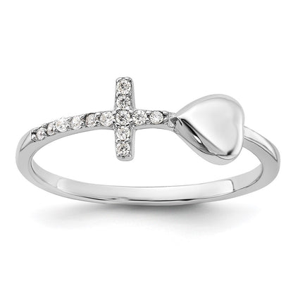 Sterling Silver Rhodium-plated Heart and CZ Cross Ring Size 8