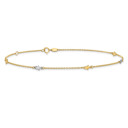 14K Two-Tone Polished Stars 5-Station 11" Anklet