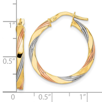 14k Yellow Gold W/Rose & White Rhodium Polished Twisted Hoop Earrings