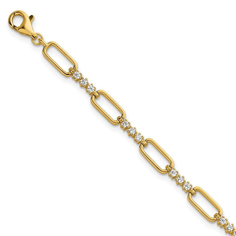 Sterling Silver Gold-tone Polished CZ and Paperclip Link 7" with 1" Ext Bracelet