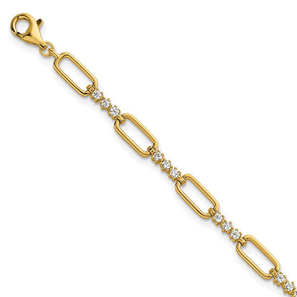 Sterling Silver Gold-tone Polished CZ and Paperclip Link 7" with 1" Ext Bracelet