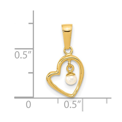 14k Yellow Gold  2-3mm Freshwater Cultured Pearl Dangle Open Heart Pendant