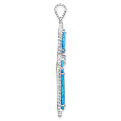 Sterling Silver Blue Created Opal & Cubic Zirconia Border Cross Pendant