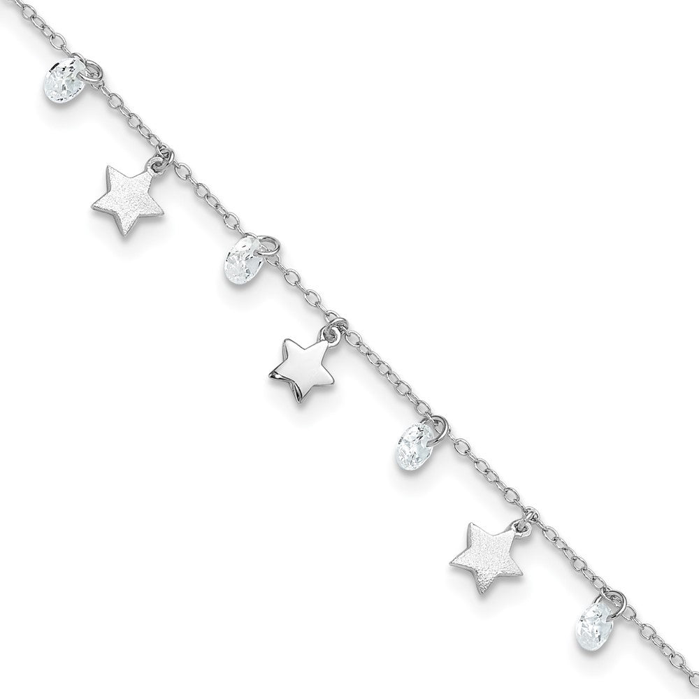 Sterling Silver Rhodium-plated Stars and CZ 10" Anklet