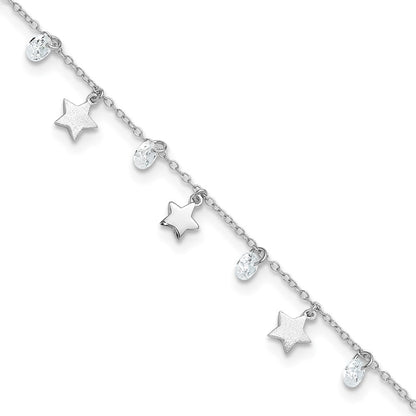 Sterling Silver Rhodium-plated Stars and CZ 10" Anklet