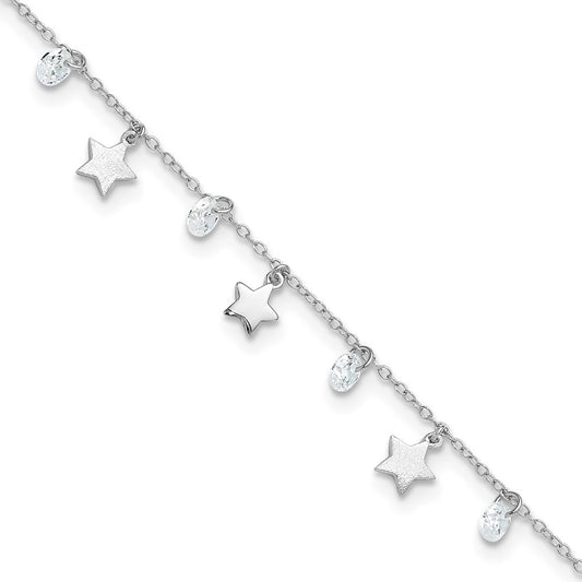 Sterling Silver Rhodium-plated Stars and CZ 10" Anklet