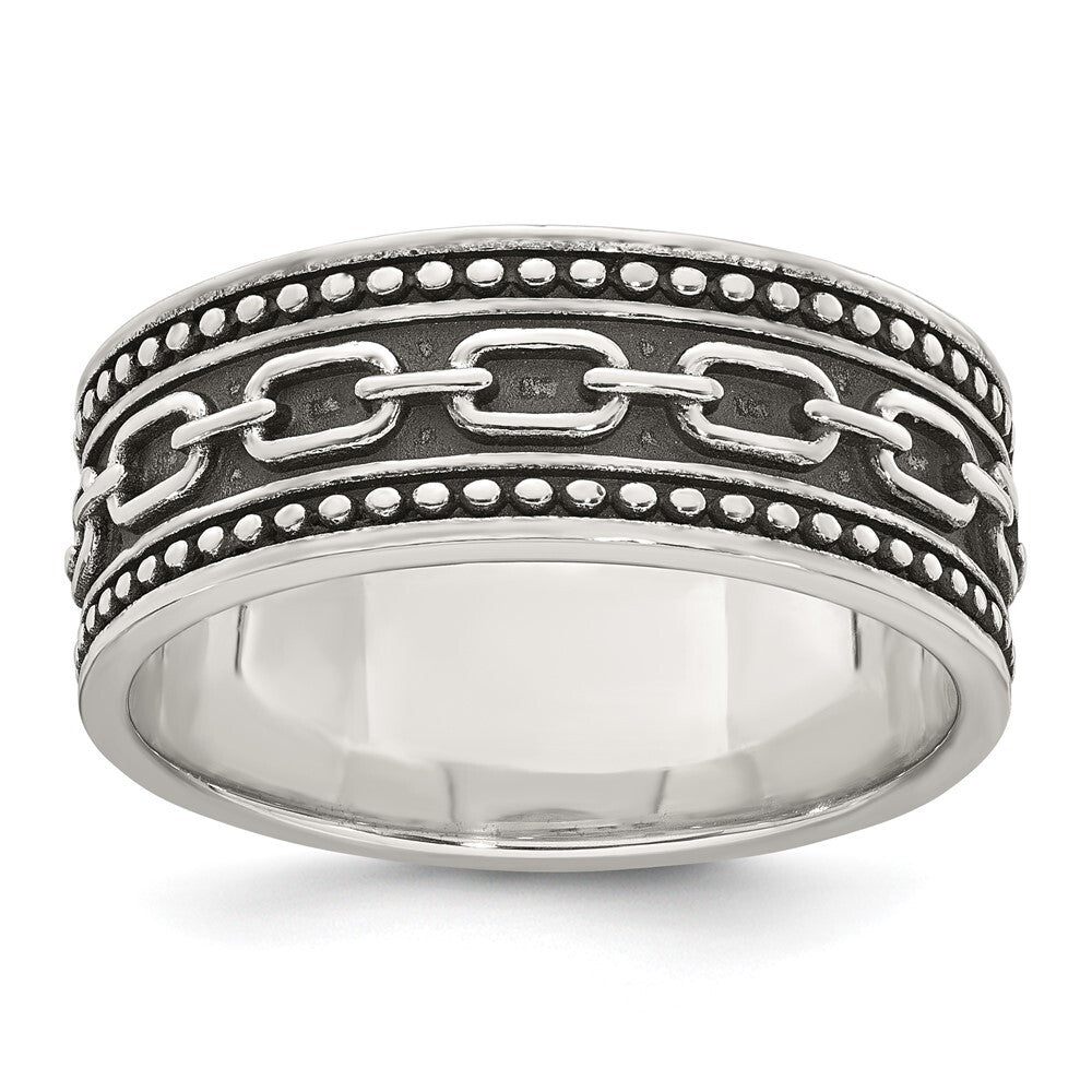 Sterling Silver Polished Beaded Antiqued Chain Link Men's Ring Size 9