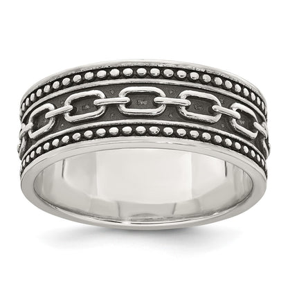 Sterling Silver Polished Beaded Antiqued Chain Link Men's Ring Size 9