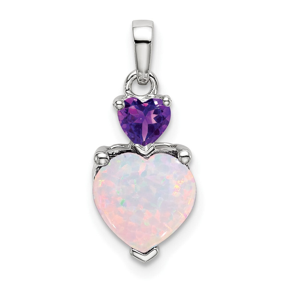 14k White Gold Heart Created Opal and Amethyst Pendant for Women