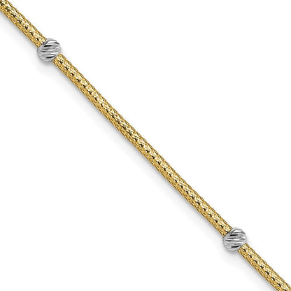 14k Gold White Rhodium Woven Flexible Diamond-cut Moveable Beads 7.25" Bracelet