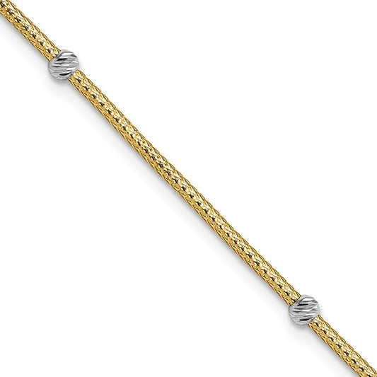 14k Gold White Rhodium Woven Flexible Diamond-cut Moveable Beads 7.25" Bracelet