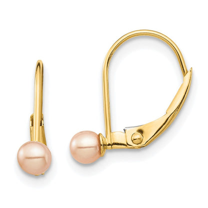 14k Yellow Gold 3-4mm Pink Round Freshwater Cultured Pearl Leverback Earrings