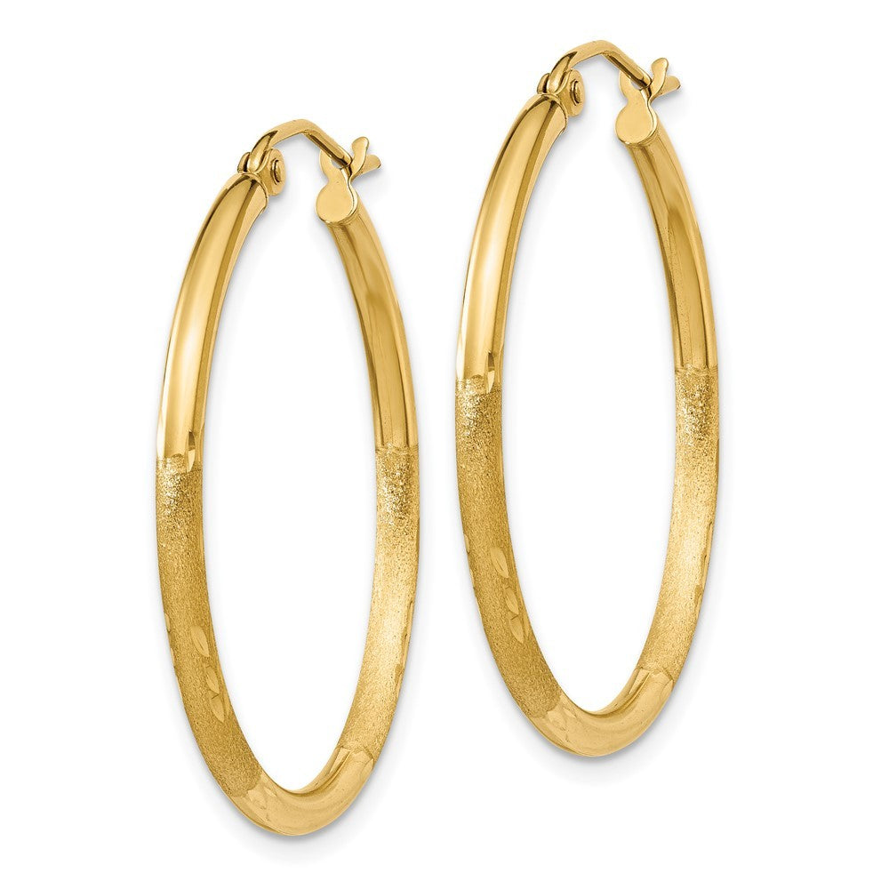 14k Yellow Gold Satin and Diamond-cut 2mm Round Tube Hoop Earrings