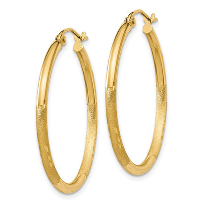 14k Yellow Gold Satin and Diamond-cut 2mm Round Tube Hoop Earrings
