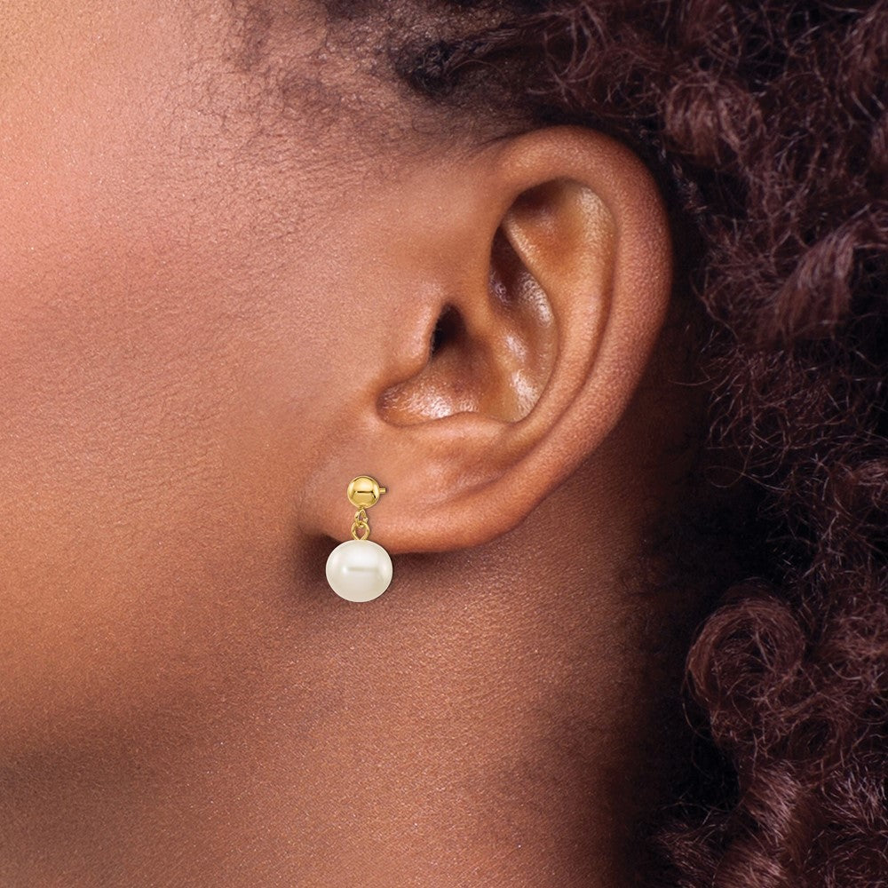 14k Yellow Gold 8-8.5mm White Round Freshwater Cultured Pearl Dangle Earrings