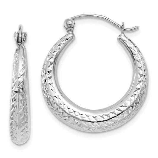 14K White Gold Diamond Cut Hollow Hoop Earrings Gift for Women