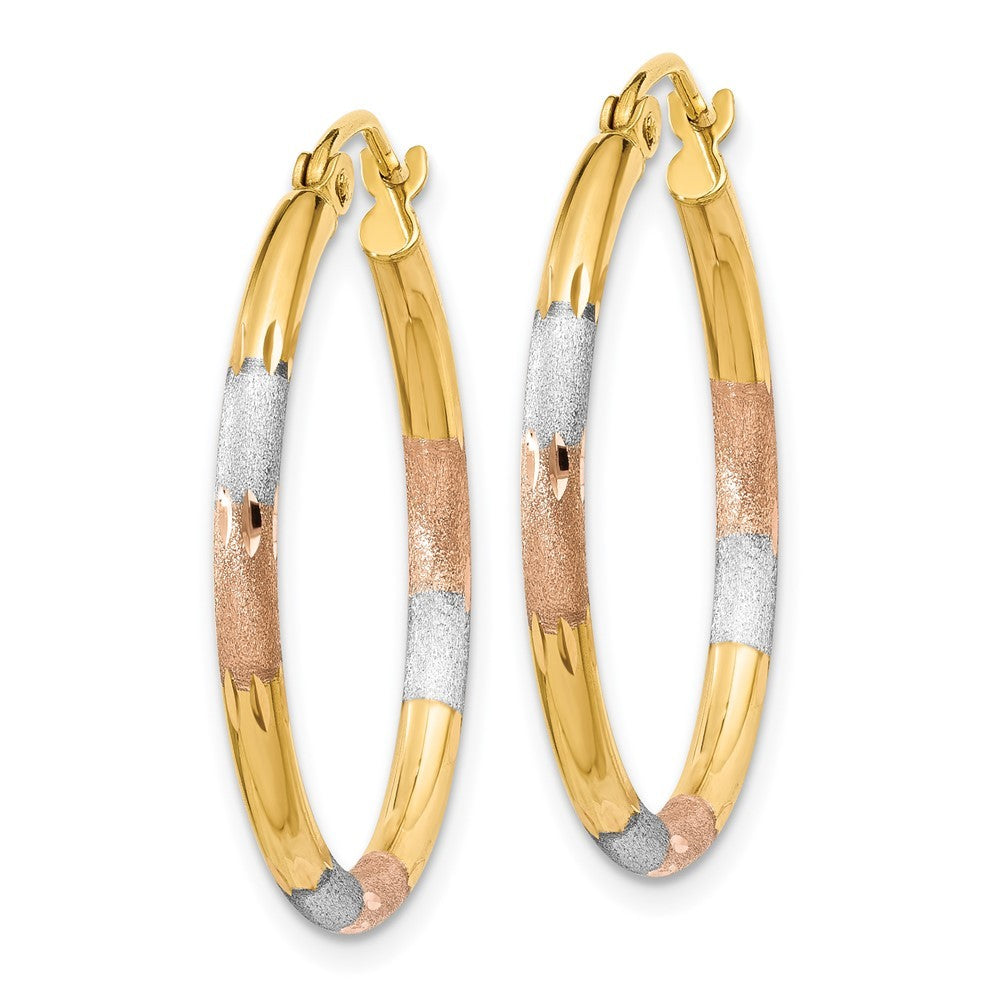 14k Yellow Gold White and Rose Rhodium 2mm Satin & Diamond-Cut Hoop Earrings