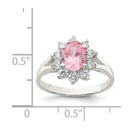Sterling Silver Pink Oval Cubic Zirconia Cluster Ring Size 7