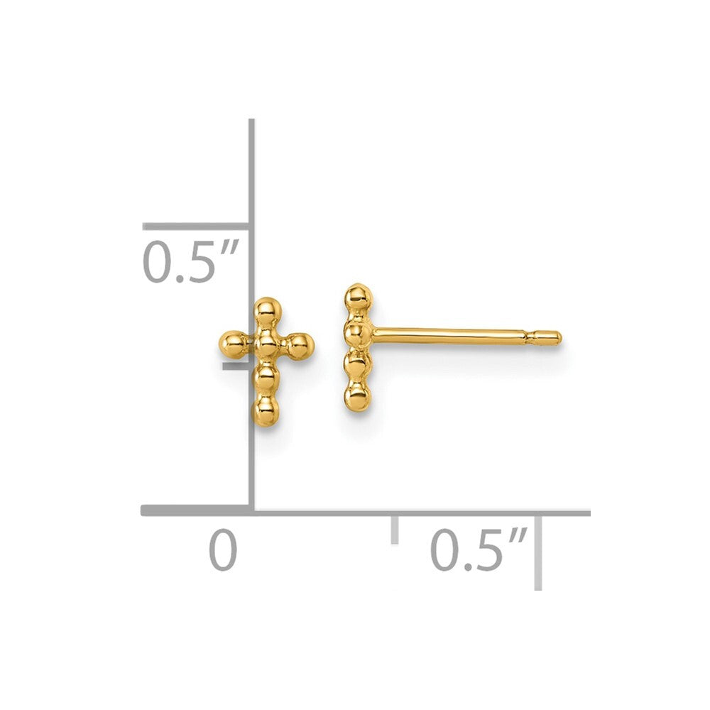 14k Yellow Gold Polished Beaded Cross Stud Earrings Gift for Women