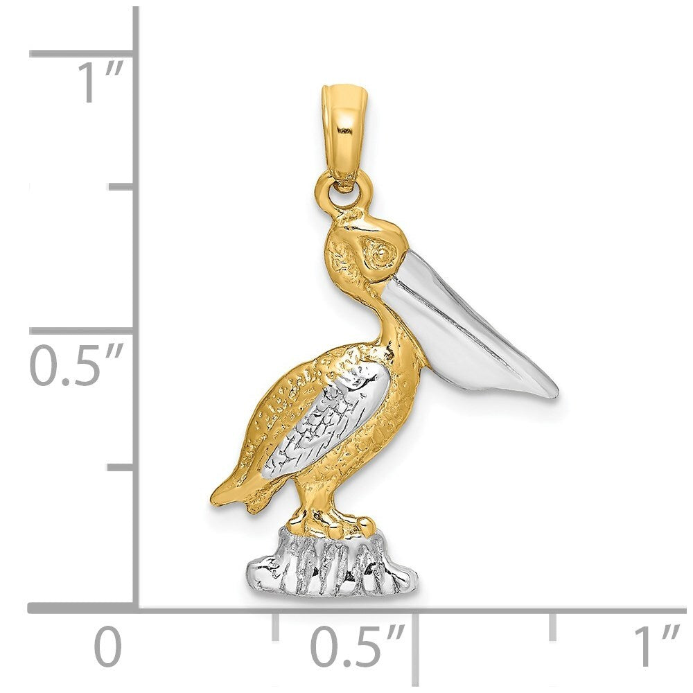 14k Yellow Gold with White Rhodium Standing Pelican Charm Pendant for Women