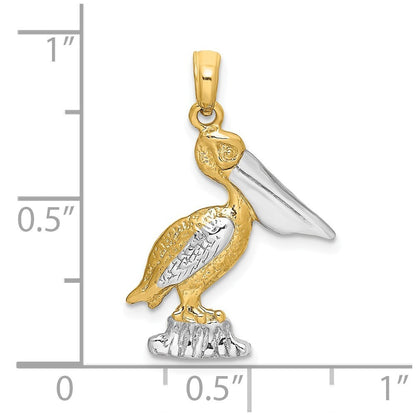 14k Yellow Gold with White Rhodium Standing Pelican Charm Pendant for Women