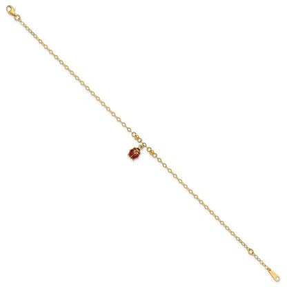 14k Yellow Gold Red and Black Enameled Ladybug 10" Anklet