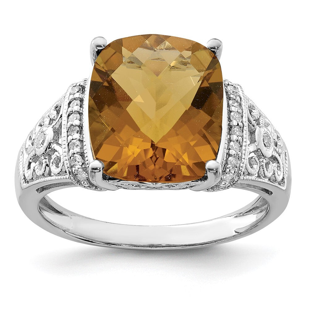 Sterling Silver Rhodium Diamond & Checker-Cut Whiskey Quartz Ring Size 7